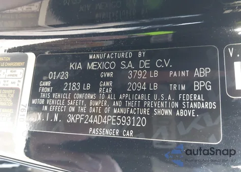 2023 Kia Forte Lxs from USA, damaged, VIN 3KPF24AD4PE593120